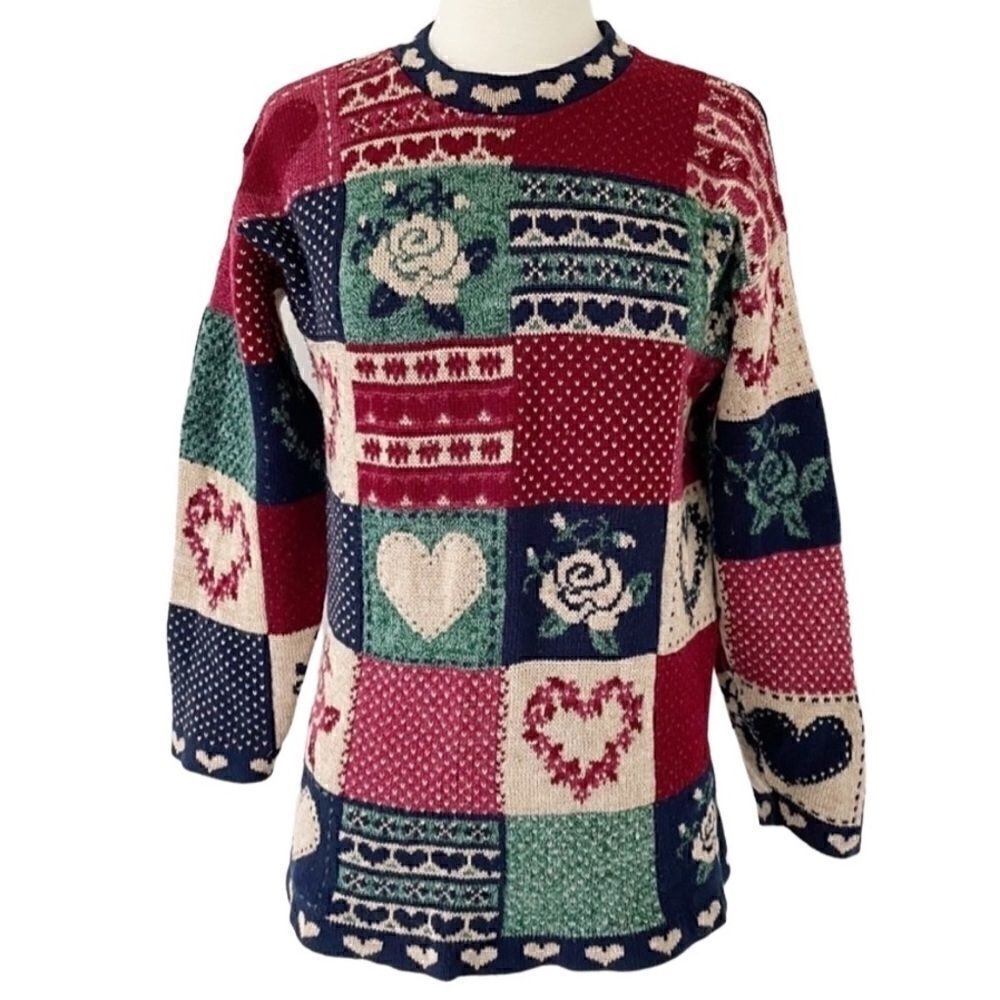 Vintage Crewneck Pullover Knit Sweater Floral Heart Patches Women Size XS Small